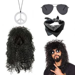 QSZHSL 4 Pièces 70s 80s Costume de Perruque Rock Accessoires de Disco, Perruque pour Homme, Punk en métal à Bascule Disco Mullet Perruque Noir Bouclé, pour Halloween Carnaval Rock (4 Pièces) (Qiqing, neuf)