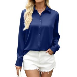 Zeagoo Chemisier &Eacute;l&eacute;gante col en V Chemises Satin Soie &agrave; Manches Longues Boutons Chemisier Blouse D&eacute;contract&eacute; Business Soir&eacute;e Bleu Marine XL (Zeagoo direct, neuf)