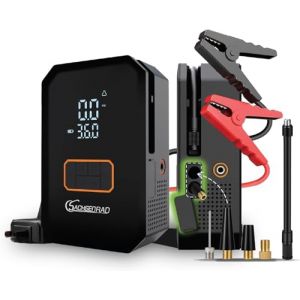SachsenRAD Booster Batterie Voiture avec Compresseur d&rsquo;Air 150 PSI &ndash; D&eacute;marreur 12 V pour V&eacute;hicules Jusqu&rsquo;&agrave; 6L Essence / 3L Diesel, avec C&acirc;bles de D&eacute;marrage, Lampe LED d&rsquo;Urgence et Embouts d&rsquo;Air (LEICKE, neuf)