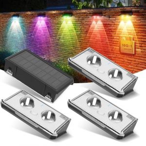 UNBON Applique Solaire Exterieur, Applique Murale Extérieur Solaire 8 Modes IP65 Étanche Lampe Solaire Exterieur Murale Lumière Solaire Extérieure pour Clôture Jardin 4PCS Multicolore Blanc Chaud/RGB (Yuguo FR, neuf)