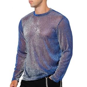 Casey Kevin Chemise Paillette Homme Tee Shirt Manche Longue Transparente Tenue Disco Sexy Costume Maille T Shirt Paillette Sequin Pyjama Rave Outfit Lumineux Fishnet Vetement Soiree Resille Filet Haut (Casey-Kevin, neuf)