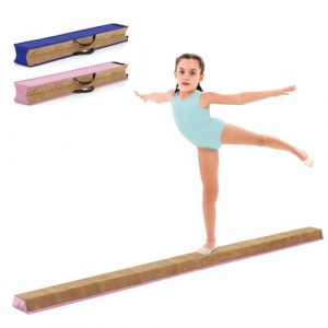 COSTWAY Poutre de Gymnastique Pliable de 240 cm, Barre de Gymnastique au Sol Portable avec Couverture en Suède et Mousse Douce Poignées de Transport, pour Enfants, Gymnastes (Rose+Brun) (FDS GmbH, neuf)