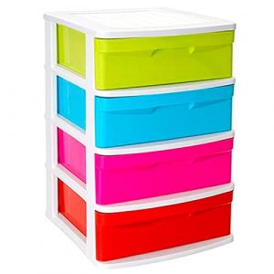 Acan Tradineur - Commode en plastique Sena, 4 tiroirs multicolore, tour de rangement multi-usages, rangement, école, maison, fabriquée en Espagne (blanc, tiroirs couleur aléatoire, 65 x 40 x 39 cm) (TRADINEUR, neuf)
