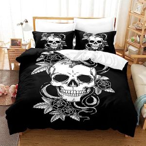 Adulte Rose Crâne Ensemble de literie,crâne de feu,têtes de Mort,Noir Blanc tête de Mort Housse de Couette avec 2 taies d'oreiller 50x75cm(B,135 x 200 cm) (runhengyang, neuf)