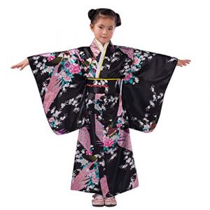 Kimono Japonais Traditionnel pour Fille Bébé Enfant Robe avec Obi Set Tenue Cosplay Festival Anniversaire Photographie Costume Asiatique Été Léger Élégant Décontracté Robe (A01-Black, 7-8 Years) (AncientCrab, neuf)