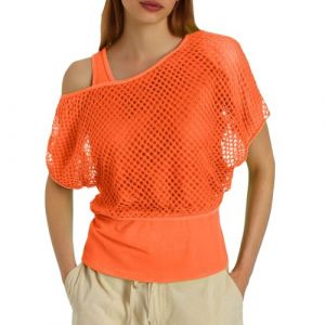 T-shirt pour femme des ann&eacute;es 80, haut en r&eacute;sille, haut &agrave; &eacute;paules d&eacute;nud&eacute;es pour femmes, d&eacute;bardeurs en r&eacute;sille, ensemble deux pi&egrave;ces de couleur unie, haut court surdimensionn&eacute;, gilet fluo, v&ecirc;tements de (Miuiakoal, neuf)