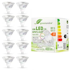 greenandco 10x MR16 GU5.3 | remplace 40W | blanc chaud 3000K | IRC 90+ | 5W 400 lm | 38&deg; | sans scintillement | Ampoule LED COB | 12V AC/DC | non dimmable (greenandco-fr, neuf)