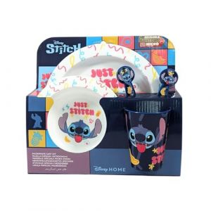 My sweety pop - Set de vaisselle pour enfant - coffret repas - ensemble 5 pi&egrave;ces - Assiette - Bol - Verre - Fourchette &ndash; cuill&egrave;re - Stitch - Blanc/Bleu (Mon jouet pr&eacute;f&eacute;r&eacute;, neuf)
