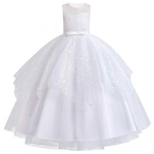 IWEMEK Enfant Fille Robe Ceremonie Mariage Longue Carnaval Tutu sans Manches Robes Bapteme de Communion d'anniversaire du Soir Communion Anniversaire Fête Robe de Mariée Blanc 140 (IWEMEK, neuf)