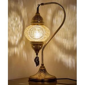 DEMMEX Lampe turque authentique, fabriquée en Turquie, lampe de chevet en mosaïque turque marocaine, 100% fabriquée à la main, corps en métal couleur laiton antique et base en métal martelé (DEMMEXUK, neuf)
