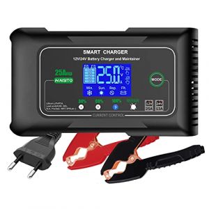Haisito Chargeur Batterie Voiture 12V/24V 25A, Chargeur Batterie Auto et Moto Rapide Intelligent, Portable Chargeur et Mainteneur de Batterie Lithium, LiFePO4, Plomb(AGM, EFB, Gel, MF, VRLA, etc.) (JNHS, neuf)