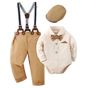 Amissz Tenue Bébé Garçon pour Bébés Costume Bapteme, Vêtement Mariage Bebe Chemise + Bretelle + Chapeau Gentleman Ensemble Beige 3-6 Mois (Amissz-EU, neuf)