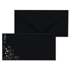 Lot de 250 enveloppes avec étoiles métalliques - DIN long - Pluie d'étoiles dorées en relief - Couleur : noir - Fermeture humide - 120 g/m² - 110 x 220 mm - Idéal pour Noël (GUSTAV NEUSER GmbH, neuf)