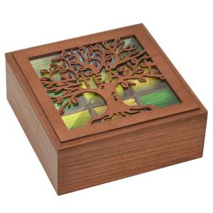 Optyuwah Bo&icirc;te &agrave; th&eacute;, bo&icirc;te de rangement en bois, marron, pour sachets de th&eacute;, sucre, capsules de caf&eacute;, bo&icirc;te de conservation avec arbre de vie et couvercle en verre (Optyuwah, neuf)