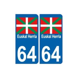 64 Euskal Herria sticker auto Pays Basque autocollant plaque immatriculation- Angles : arrondis- Couleur de fond : bleu (JLC-Sticker, neuf)