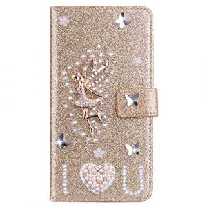 Strass Coque Samsung Galaxy S24 Ultra Glitter Pu Leather Cover &Eacute;tui en cuir Housse Coque Brillant Flip Portefeuille Motif Ange Glitter Bling Diamant Coque pour SamsungS24 Ultra PU Cuir &Eacute;tui,Or (Bolong, neuf)