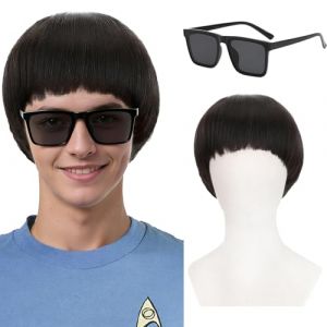 HTTDSLF Courte Perruque Noir pour Homme Femme, Noir Perruques Carr&eacute; pour Adultes, Perruque de Cheveux, Lunettes de Soleil, pour Ann&eacute;es 60 70 80 Film Jeu de R&ocirc;le Cosplay D&eacute;guisement F&ecirc;te Halloween (HTTDSLF, neuf)