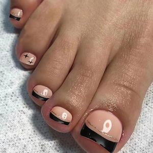 AKOFIC 24 Pi&egrave;ces Faux Ongles Pieds Court, Brillant Rose Noir Press on Nails Orteils Pieds, Reutilisable Ongles Pieds &agrave; Coller avec Ongles d'Orteil Autocollants Adhesif pour Femmes et Filles Nail Art (Akofic, neuf)