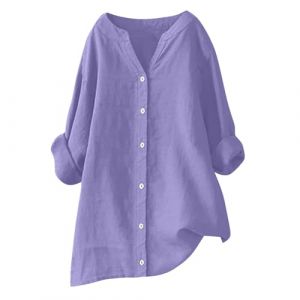 RLEHJN Chemisier Coton Et Lin pour Femmes T-Shirt &Agrave; Manches Longues Boheme Col V Boutonn&eacute; Shirt Basique Casual Tuniques Blouse L&acirc;che Respirant T-Shirts Vetement Femme Ete Solde Cadeau Pas Cher (⭐⭐⭐⭐⭐RLEHJN, neuf)