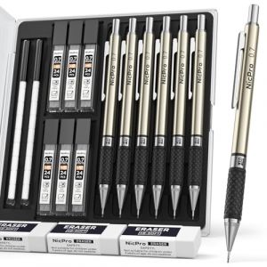 Nicpro 0,7 mm Ensemble de porte mine, 6 criterium dessin en métal 0,7 mm avec 6 tubes de mine HB et 18 recharges de gomme pour adultes, enfants, écriture, dessin, croquis, noir (NicproShop EU, neuf)