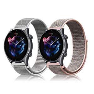 Niboow 22mm Bracelet pour Amazfit Bip 5/GTR 4/GTR 3 Pro/GTR 3/GTR 2 eSIM/GTR 2e/GTR 47mm, Nylon Respirant R&eacute;glable Bracelet pour Amazfit Cheetah/Cheetah Pro/Stratos 3/Stratos 2s/Stratos - Rose + Blanc (Niboow EU, neuf)