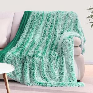 KANKAEU Couverture moelleuse en fausse fourrure ultra douce, confortable et chaude, à utiliser comme jeté de canapé, couverture en laine ou couvre-lit, dégradé de vert, 130 x 160 cm (IcyAir-CR, neuf)
