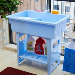 &Eacute;vier &agrave; Linge Autoportant avec Robinet, &Eacute;vier Utilitaire en Plastique avec Bac &agrave; Laver Et &Eacute;gouttoir en Acier Inoxydable, pour Buanderie, Garage, sous-Sol, Jardin (delicate life furniture, neuf)