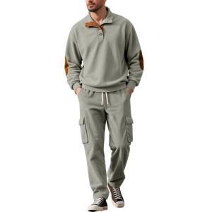 PADOLA Surv&ecirc;tement Homme 2 Pi&egrave;ces Velours C&ocirc;tel&eacute; Ensemble Jogging Sport Surv&ecirc;tements 1/4 Boutons Sweatshirt avec Patch&eacute;s Pantalon Velours de Jogging Taille Elastique Tracksuit (Gris, 3XL) (Chaos World Apparel, neuf)