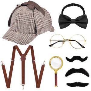 Lot de 7 accessoires de costume de détective des années 1920, avec chapeau à carreaux, dos en Y, bretelles nœud papillon, loupe, lunettes moustache, accessoires de cosplay, pour carnaval, cosplay, (luoyong-EU, neuf)
