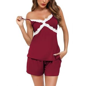 Wikoan Pyjama Femme Sexy Ensembles Pyjama Femme Pyjama Short en Dentelle Col V Lingerie Cami Ensemble de Pyjama Short V&ecirc;tements Rouge Bourgogne S (Wikoan Direct, neuf)