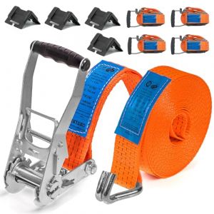 INTAKO Sangle &agrave; cliquet avec Crochet 12m x 5 tonnes x 50mm - Lot de 4 - Sangle d'arrimage Lourd avec Crochets s&eacute;curis&eacute;s pour Camion et 4 prot&egrave;ge-Bords Inclus - Certifi&eacute; T&Uuml;V GS (INTAKO, neuf)
