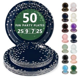 Nkaiso Assiette Jetable Anniversaire, 50 Pi&egrave;ces Bleu Marine et Argent Vaisselle en carton - 25 Assiettes Plateaux 23cm & 25 Assiettes Dessert 18cm - Pour Mariage, Anniversaire & &Eacute;v&eacute;nements (Nkaiso, neuf)