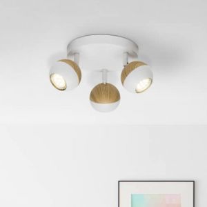 Lightbox LED Spot de plafond à lumière blanche chaude - Spot à 3 flammes avec têtes pivotantes - Plafonnier avec ampoule incluse et changeable - Métal blanc/bois (Lightbox-Shop, neuf)