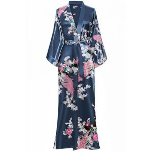 BABEYOND Kimono Femme Long en Satin - Peignoir L&eacute;ger Imprim&eacute; Paon jusqu'&agrave; la Cheville, Taille unique Grande taille, Bleu uni (Lixuanshengang, neuf)