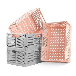 Lot de 4 caisses pliantes en plastique solide - Panier de rangement pliable et empilable - Pour le rangement de la cuisine, la chambre &agrave; coucher, le bureau, le jardin (rose + gris, 30 x 20 x 12 cm) (BOJIEDIANZI, neuf)