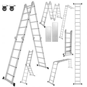 Yakimz Échelle multifonction 7 en 1 - 5,82 m - En aluminium - 4 x 5 marches - Avec 2 plaques d'échafaudage et 2 roulettes - Charge maximale : 150 kg (HITGROW, neuf)