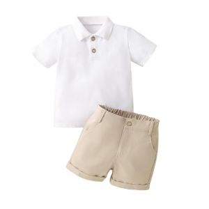 Yanmucy Ensemble de Vêtementsd 'été pour Bébé Garçon Polo à Manches Courtes pour Garçon Short Solide à Taille élastique Vêtements T Shirt Tops Shorts Casual 1-6 ans (Blanc, 3-4 ans) (Yanmucy, neuf)