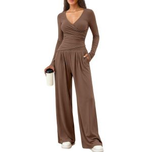 Sukiglam Ensemble Femme Causal 2 Pieces Survetement Manches Longues Col en V Haut et Pantalon Large avec Poches Slim Fit Tenue de Sport Ensembles Chic et Elegant Lounge Set pour Jogging Yoga Fitness (Sukiglam Store, neuf)