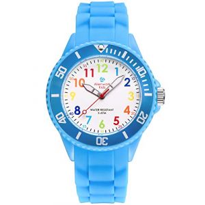 Alienwork Kids Montre Pédagogique Apprendre l'Heure Enfants Garçon Fille Bleu Clair Bracelet en Silicone Multicolore Enfants Résistant à l'eau 5 ATM Temps d'apprentissage (?Alienwork, neuf)