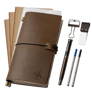 Wanderings Travelers Notebook Standard/Journal Cuir V&eacute;ritable Fait Main -11,5 x 22 cm - avec un Porte-Stylo un Stylo et 2 Recharges d&rsquo;Encre Suppl&eacute;mentaires, un Dossier en PVC et une Pince &agrave; Reliure (Wanderings, neuf)
