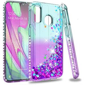 LeYi Coque pour Samsung A40 avec Verre Tremp&eacute; [Lot de 2], Fille Liquide Paillette Transparente 3D Silicone Gel Antichoc Kawaii Etui Housse pour Samsung A40 Turquoise Violet (Hailasi, neuf)