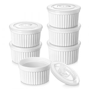 vancasso Ramequins avec Couvercles Lot, 6 X 320 ML Ramequins et Moules à Soufflés en Porcelaine, Ramequin Creme Brulee pour Muffin et Gâteau, Ramequin Four à Crème, Sauce, Fruit, Ø10.6 CM - Blanc (vancasso Ceramic Art, neuf)
