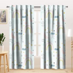 Kzzfqxb Rideaux pour Enfants 107x215cm 2 Panneaux, Motif Arc-en-Ciel après la Pluie Nuages Lune étoiles Dessin animé, Bleu Clair décoration pour Chambre d'enfant, Chambre d'enfant, Salon (miaocan, neuf)