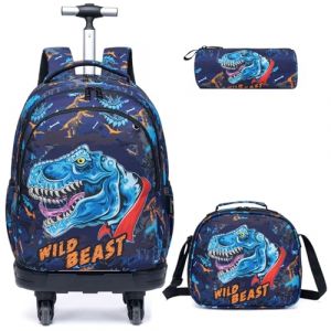 Egchescebo Sac a Dos Enfant à Cartable Cabine Roulette Garçon Primaire Valise École Maternelle Sacs D'école pour Voyage de Bagages Cartable 18” 3PCS Ensemble Molette Défilement Rotative Dinosaure Bleu (Egchescebo EUR, neuf)