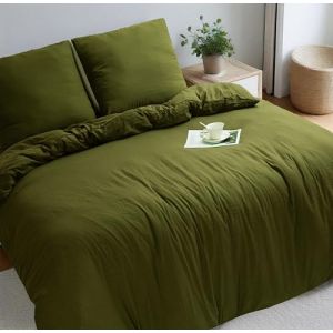 HIG Parure de Lit 4 Pièces 155x220 cm - Housse de Couette, Drap Housse 120x200, 2 Taies d'oreiller 80x80 - Microfibre Pré-Lavée Ultra-Douce - Certifié Oeko-TEX - Vert Olive (BedLinens, neuf)