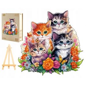 PASJO Puzzle en bois pour adultes Famille de chats 300 pi&egrave;ces 34x33,8 cm Pi&egrave;ces uniques en forme d'animaux Mini-chevalet Bo&icirc;te en bois (PASJO, neuf)