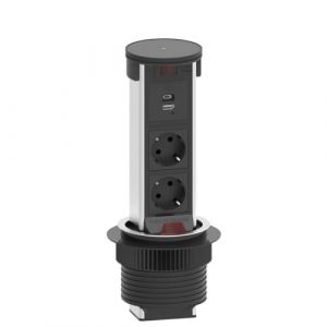 Elbe Inno Multiprise r&eacute;tractable, prise de table en aluminium avec chargeur sans fil 15W, 1 USB-A & 1 USB-C, 2 prises, c&acirc;ble de 1,8M, multiprise encastrable pour bureaux et cuisines, diam&egrave;tre 95MM (Promaxx GmbH Team, neuf)