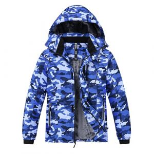 MoFiz Veste de Ski Garçon Hiver Chaud Blouson de Randonnée Imperméable en Polaire Coupe-Vent Neige Enfant Sport Manteau avec Capuche Amovible Camouflage Bleu XL(17-18 ans) (MoFiz EU, neuf)
