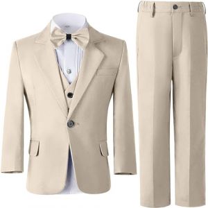 Leader of the Beauty Costume de smoking 3 pi&egrave;ces pour gar&ccedil;on, coupe ajust&eacute;e, costume de mariage &agrave; un bouton, blazer, pantalon, gilet, beige, 8 ans (Leader of the Beauty, neuf)