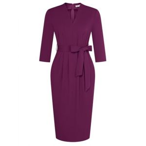 GRACE KARIN Robe de cocktail &eacute;l&eacute;gante &agrave; manches 3/4 pour femme - Col en V - Coupe ajust&eacute;e - Robe crayon avec ceinture - Robe d'invit&eacute; de mariage - Robe de tous les jours, Rose, XL (Cedar EU, neuf)